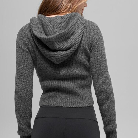 Alo Yoga Cashmere Ribbed Noble Full Zip Hoodie Platinum Grey - Picture 3 of 4